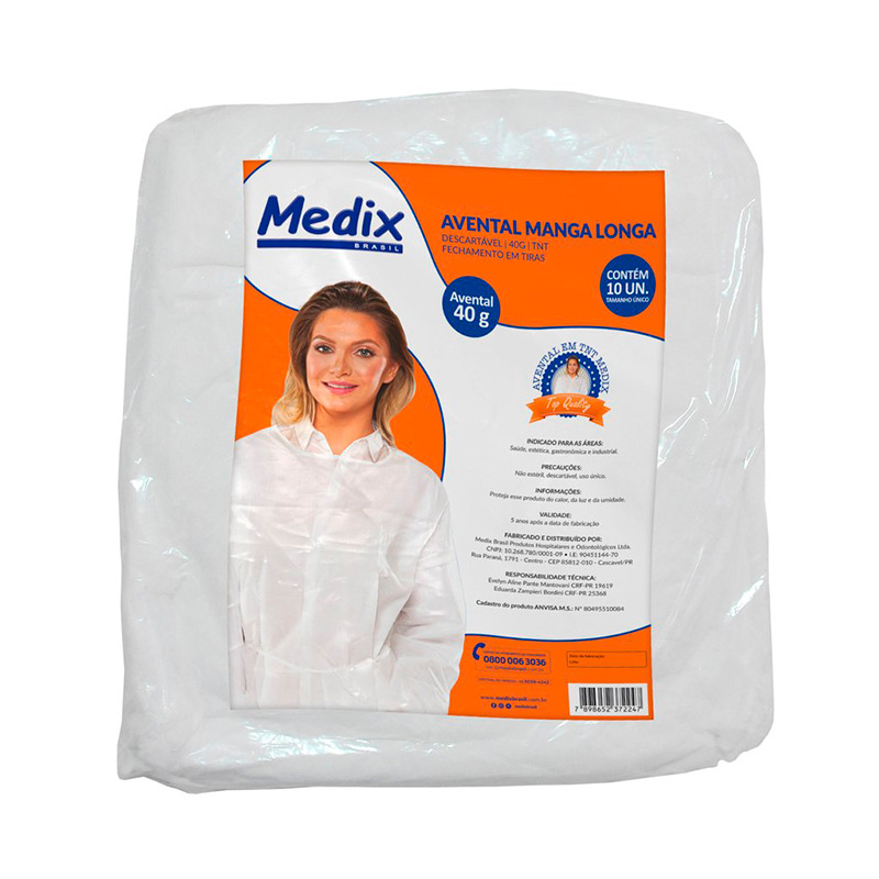 AVENTAL DESCARTAVEL TNT BRANCO MANGA LONGA 10un GR40 MEDIX